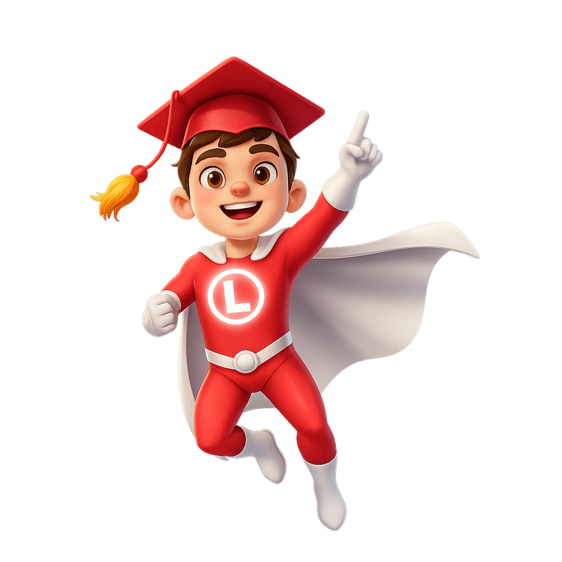 Lex, un niño superhéroe con traje rojo y capa blanca, mascota oficial de Lecxico que te guía en tu aventura de lectura